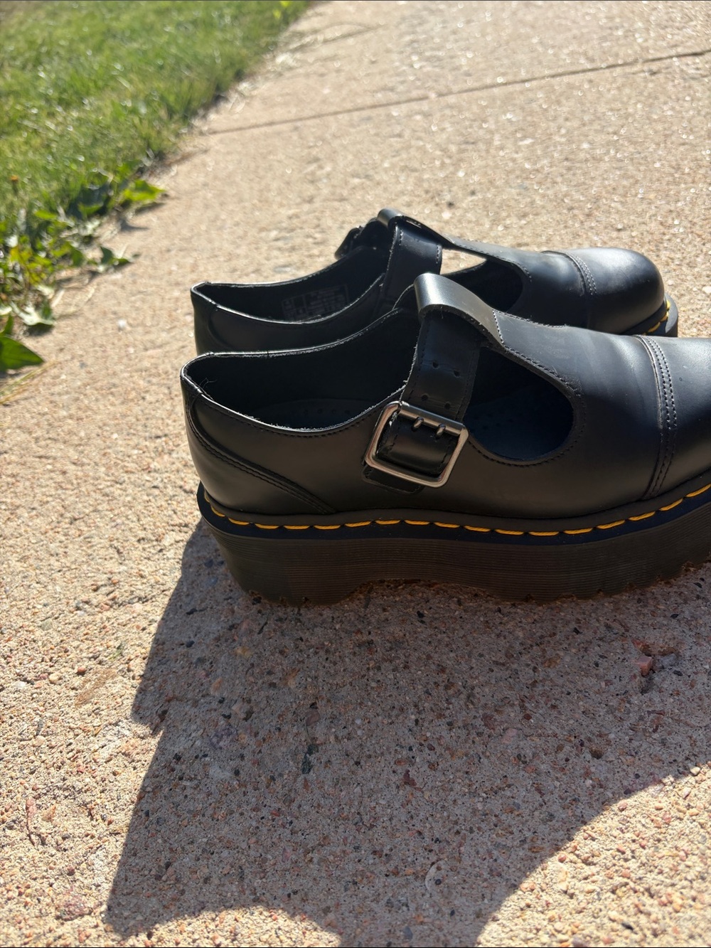 Dr. Martens Black Patent Mary Jane Shoe with Yellow Stitching - Picture 2 of 6